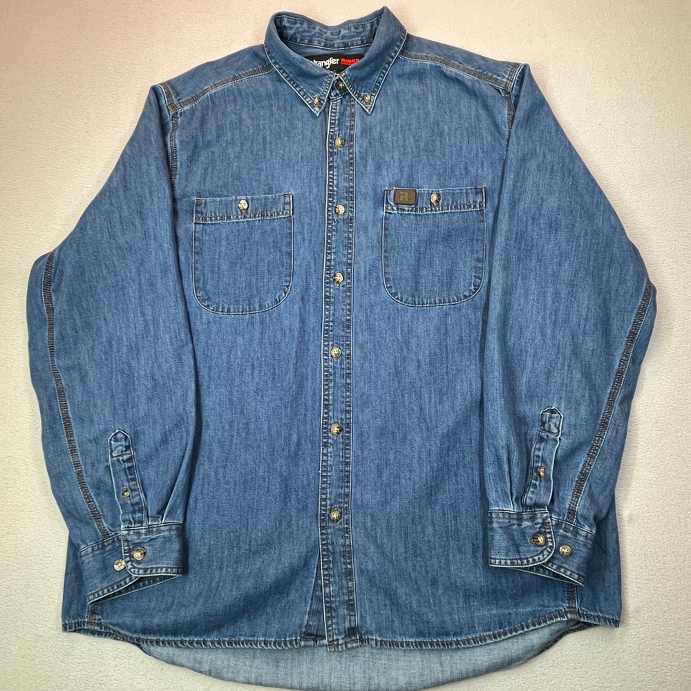 Wrangler Riggs Workwear Mens Blue Denim Long Sleeve Button Down Shirt XL